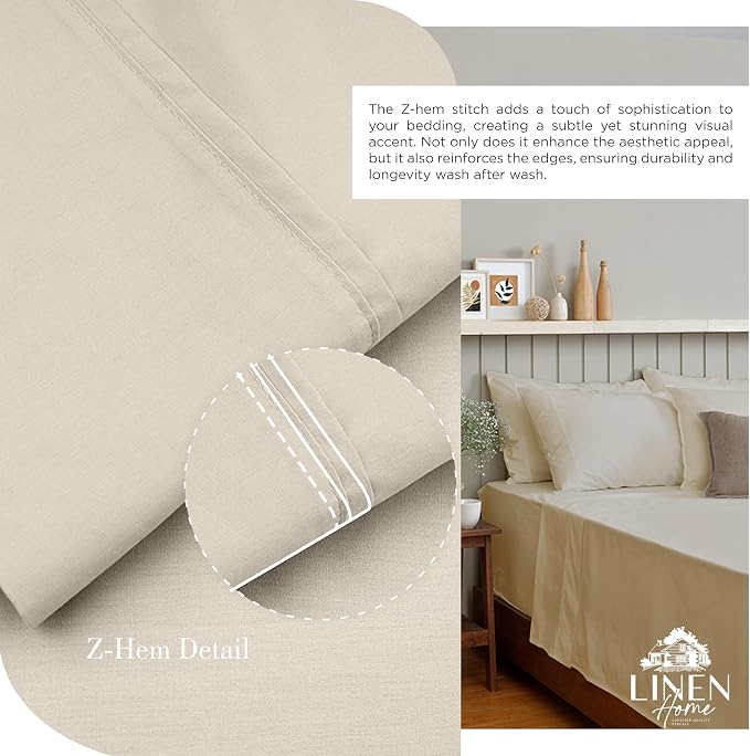 Linen Home 100% Cotton Percale Sheets Twin XL Size, Light Taupe, Deep Pocket, 3 Pieces Set- 1 Flat, 1 Fitted and 1 Pillowcase, Crisp Cool and Long Staple Strong Bed Linen