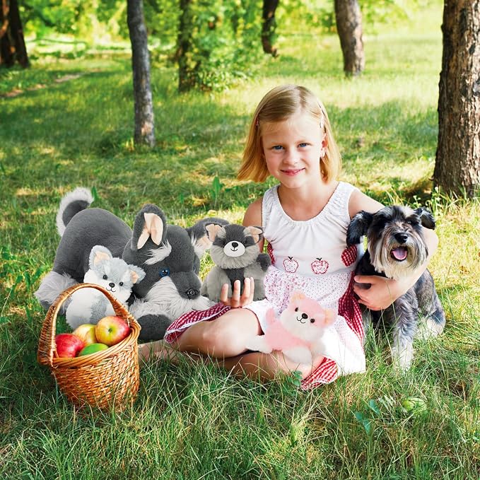 MorisMos Plush Schnauzer Dog Stuffed Animal with Babies, 20'' Big Mommy Dog with 3 Baby Puppy Toys for Kids, Xmax Stuffed Schnauzer Dog Toys for Girl Boy, Lifelike Dog Gifts for Christmas Birthday