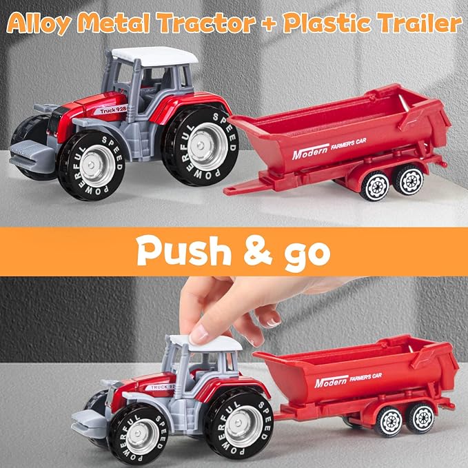 4 Pack Farm Tractor Toys, Die cast Tractor Toys with Trailers for Kids 3-5 Detachable Alloy Farm Tractors and Truck Toys for Toddlers Boys 3 4 5 6 7 8 Birthday Gift & Cake Toppers