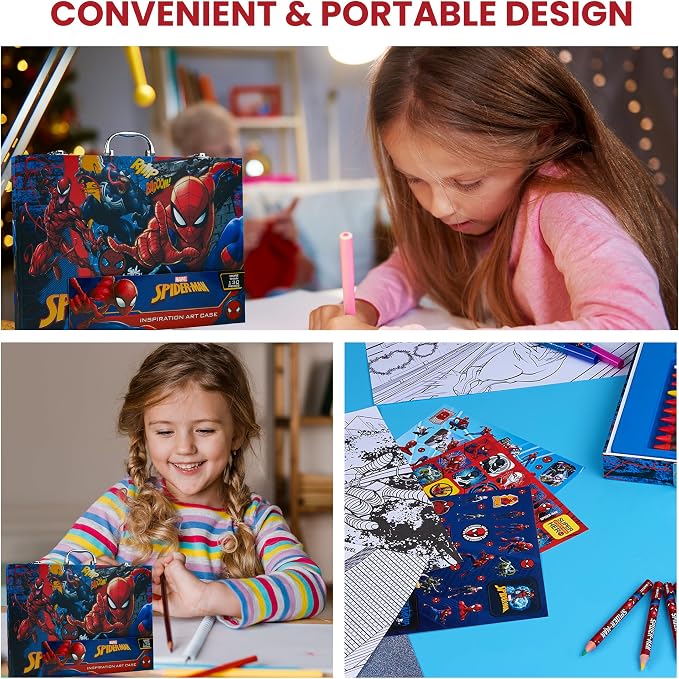 Marvel Art Case for Boys with Colored Pencils Washable Markers Crayons Stickers Drawing Supplies Travel Paint Kit Gifts for Kids (Spiderman Art Case)