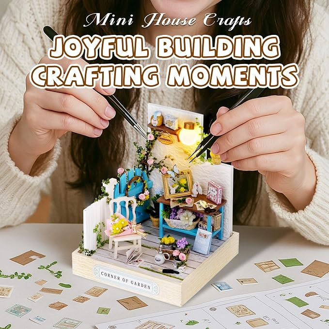 Kisoy Dollhouse Miniature with Furniture Kit, DIY 3D Wooden DIY House Kit with Dust Cover,Handmade Tiny House Toys for Teens Adults Gift(Corner of Garden)