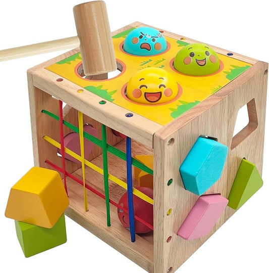 Wooden Activity Cube for Baby,Shape Sorters for Toddlers 1-3, Developmental Toy, Hammer Pounding & Sensory Blocks, Gift for Boys and Girls