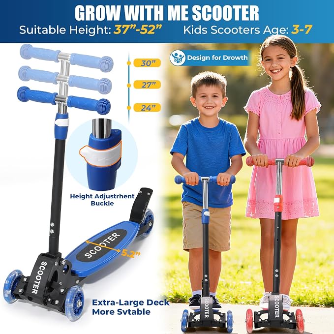3 Wheel Scooter for Kids Ages 3-12, LED Light-Up Kids Kick Scooter–Portable Foldable, Adjustable Height, Durable Metal Construction, 6" Extra Wide Deck for Outdoor Activities,Child Safety Certified