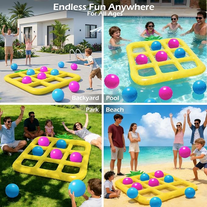 Jasonwell Tic-Tac-Toe Pool Toys Games - Giant Floating Tic Tac Toe Game Float with 10 Balls Pineapple Pool Game Party Toy Floats Yard Field Day Games Outdoor Beach Toys for Adults Teens Kids (Yellow)