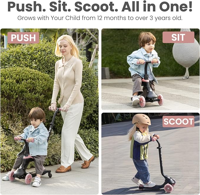 QPlay Toddler Scooter Ages 1 to 6 | Up to 110 Lbs | Kick Scooter with Adjustable Push Handle Height, Lights on Deck & 3 Wheels, Kids Ages 2 to 5 Boys & Girls Gifts (Violet)