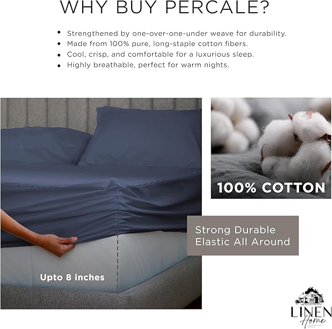 Linen Home 6 Piece Full Cotton Sheet Set, 100% Cotton Percale, 4 Pillowcases, Deep Pocket with All Around Elastic Sheet, Crisp Breathable Bedding, Hotel Luxury, Long-Staple Combed Cotton, Dark Blue
