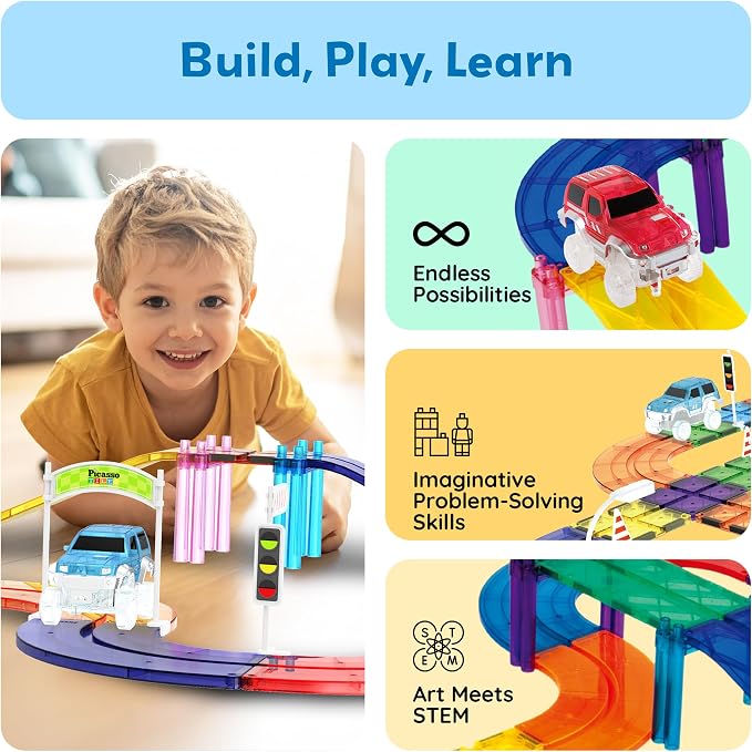 PicassoTiles 45pc Magnetic Tiles Race Track Set With 2 Racing Cars Plus Traffic Accessory Kit STEM Educational Learning Construction Building Magnet Tile Toy For Toddlers Boys Girls Kids Age 3+ PTR451