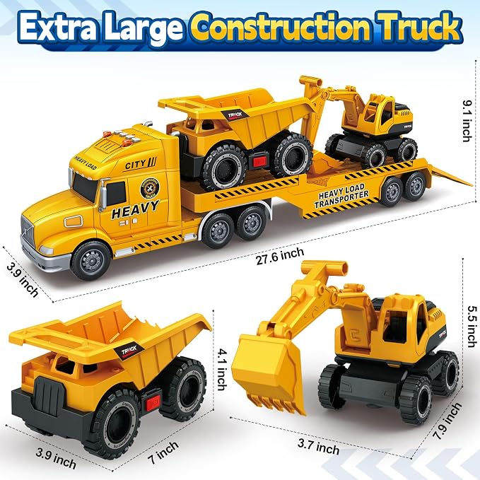 Bstoyder Toddler Boy Toys for 3 4 5 6 7 Years Kids, 27" Semi Construction Carrier Truck Toy with Excavator and Dump Truck, Friction Powered Toys with Lights and Sounds, Birthday for Boy Girls