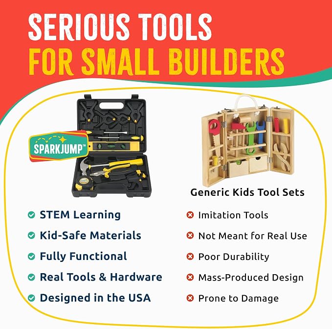 SparkJump Deluxe Kids Tool Set, Real Tools with Tool Belt & Tool Box, Beginner Tool Kit for Boys & Girls Ages 6 & Up, Brown Ultimate Tool Set