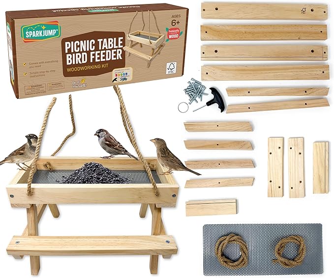 SparkJump Picnic Table Bird Feeder Kit, DIY Woodworking Project for Kids and Families, Complete Tools and Paint Set, FSC-Certified Sustainable Wood, Backyard Nature Activity, Ages 6+