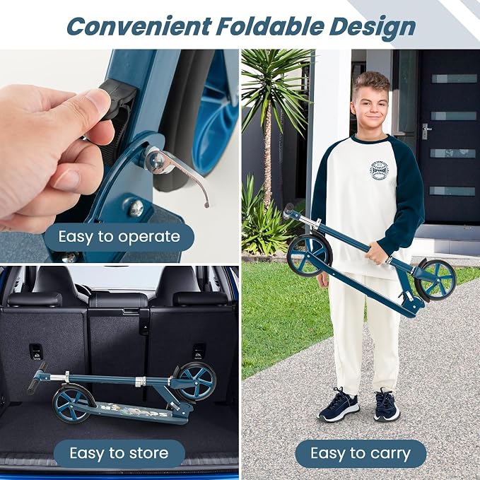 HONEY JOY Kick Scooter, 220 LBS Folding Lightweight Outdoor Scooter w/ 3 Adjustable Height, 7’’ Big Wheels, Aluminum Frame, Kickstand, 6’’ Anti-Slip Deck & Rear Brake, for Kids Teens Age 8+