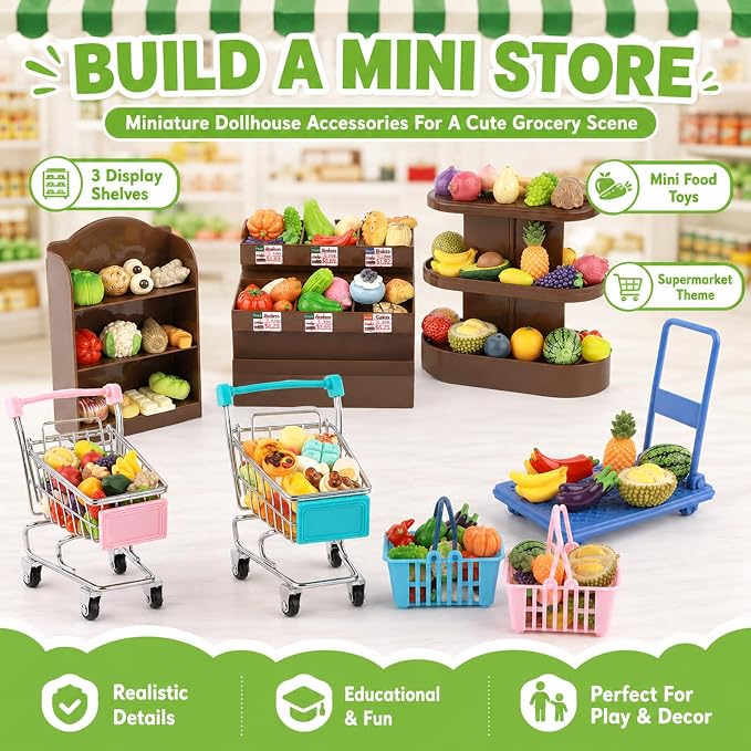 Mini Shopping Cart Basket, Miniature Grocery Toys 3 Supermarket Shelves Play Store 100+ Fruit Vegetable Cake Bread Mini Food Miniature Dollhouse Accessories with Push Cart