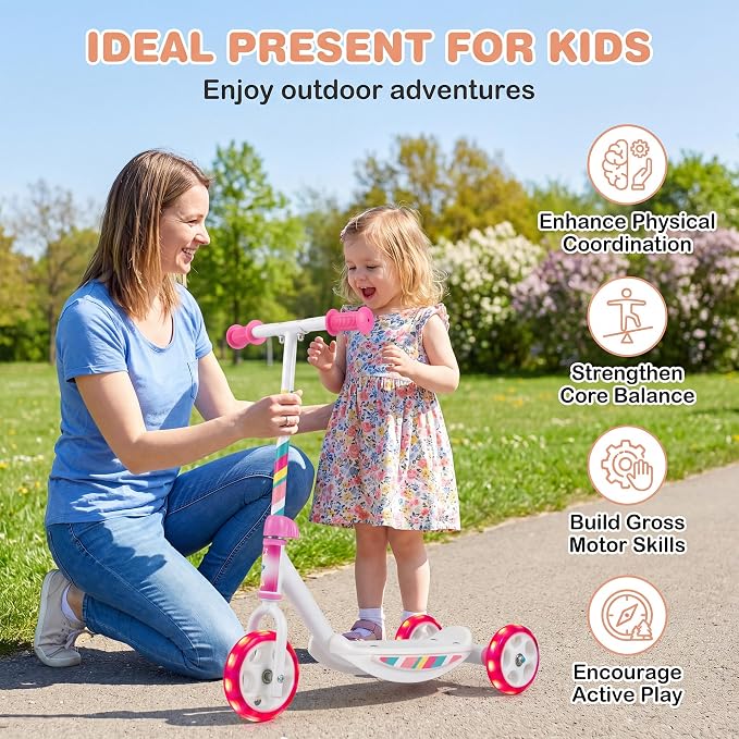 GYMAX Kick Scooter for Kids 2+, 3 Light-up Wheels Toddler Scooter with Wide Anti-Slip Deck & Hand Grip, Heavy Duty Stable Lightweight Ride On Scooters for Boys Girls