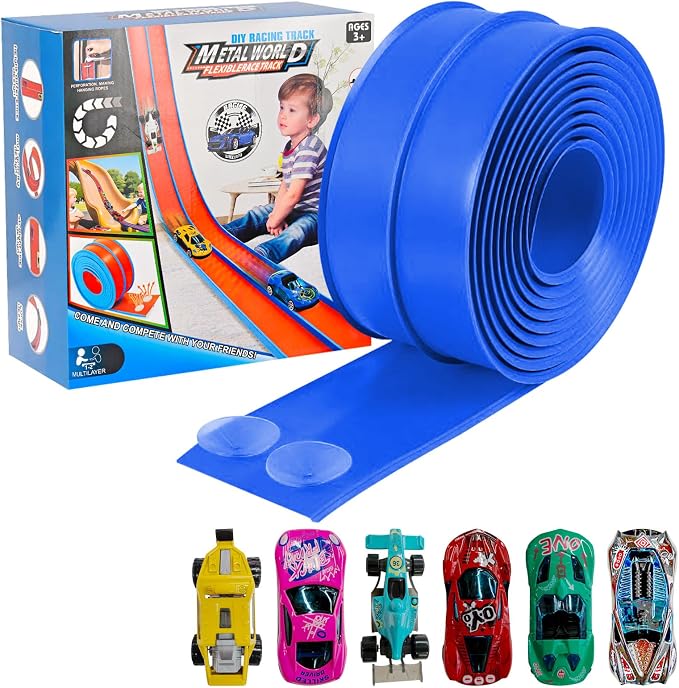 Flex Track Race Set for Kids, 15FT Starter Set Car Track with 4 Suction Cups and 6 Diecast 1/64th Cars - STEM Racing Toy for Boys & Girls Ages 3+ (Upgrade Orange) (Upgrade-Blue)