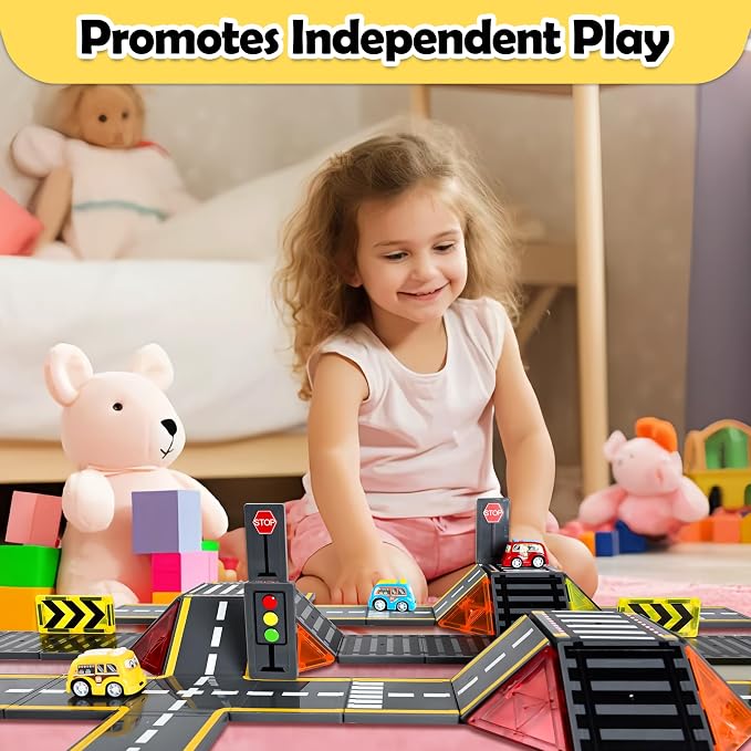 72pcs Upgraded Magnetic Tiles Road & Train Dual-Sided Expansion Pack, Magnetic Building Blocks Construction Toy for 3+Year Old Boys Girls, Kids Toys Montessori Toys for Toddler, STEM Learning Gifts