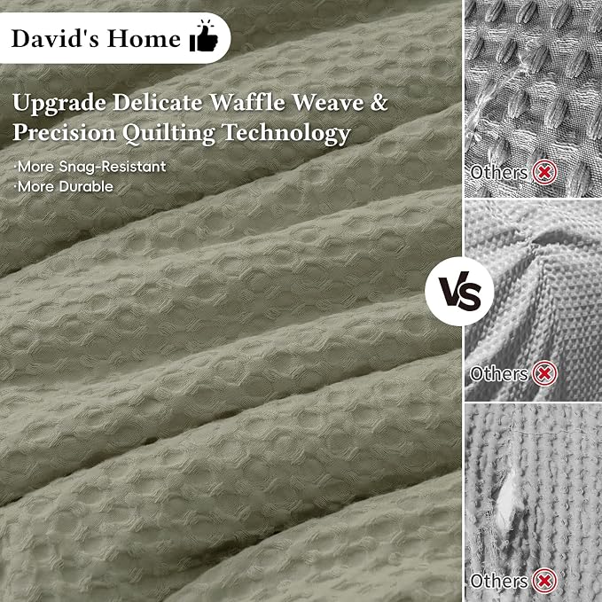 David's Home Waffle Weave Comforter Set 3PCS King Size, Soft Breathable Lightweight Cozy Skin-Friendly Warm for All Season, Elegant Aesthetic Home Decor Bedding Set with Pillow Shams, Dusty Sage