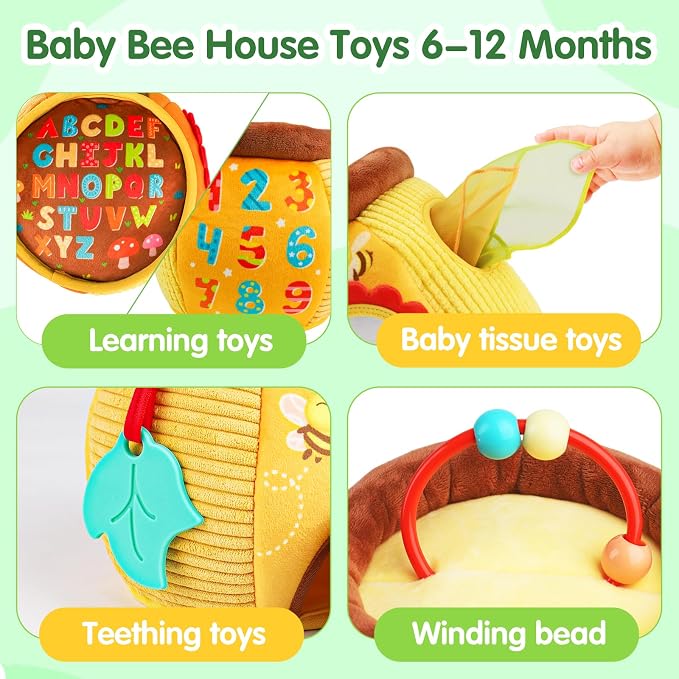 Baby Toys 6-12 Months - Soft Beehive with 5 Stuffed Animals, Rattle, Crinkle, Mirror, Montessori Sensory Toys for Babies 6 7 8 9 10 Month Old Boy Girl 1 Year Old Birthday Shower Gifts Toddler Ages 0-2