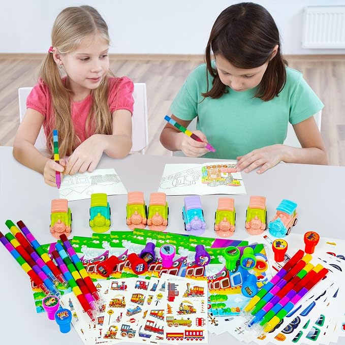 Cinrobiye 72 Pcs Train Party Favors,Train Print Party Supplies Include Coloring Books Stickers Stamps DIY Art Crafts Goody Bags Fillers for Train Car Railway Transportation Birthday Party