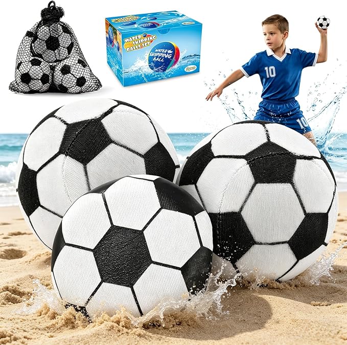 Water Skipping Ball Pool Water Toy, 3 Pack Water Bouncing Ball Soccer Design Skip Balls, Summer Beach Swim Toys Games for Kids and Adult Games