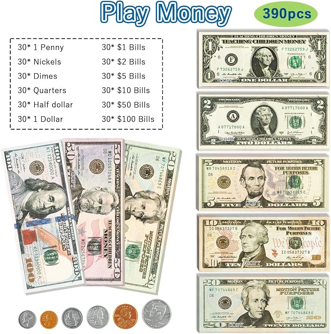 390 Pcs Play Money Kids Set, Number Learning Play for Kids teachingToys, Ages 3 and Up Kid Education Develop Early Math Skills, Birthday Gift Preschool Games for Boys & Girls