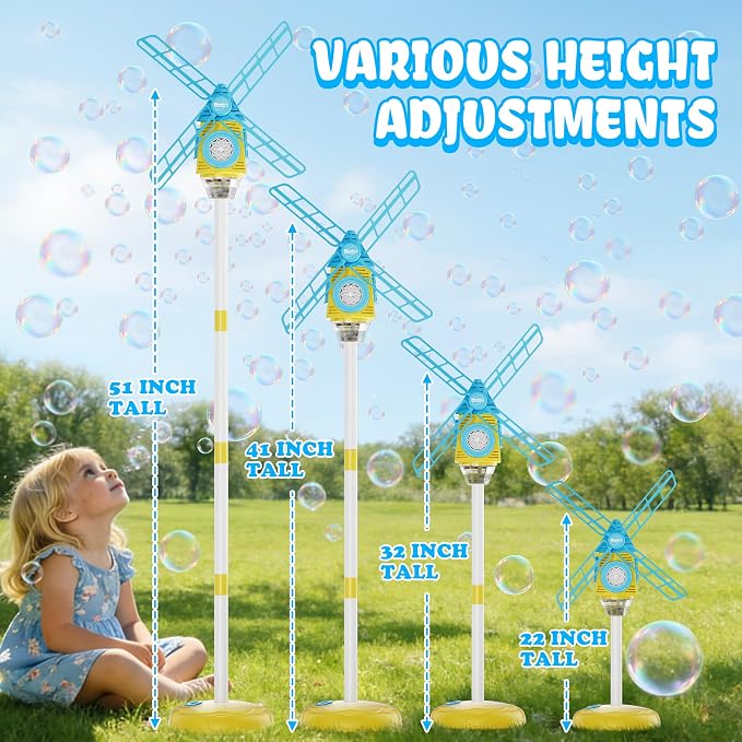 Belemar Windmill Bubble Machine Toys for Kids & Boys, Standing Bubble Blower with Lights & Music, 51" Adjustable Height, 130ml Tank, Bubble Solution Included, Outdoor Toy for Parties & Birthdays