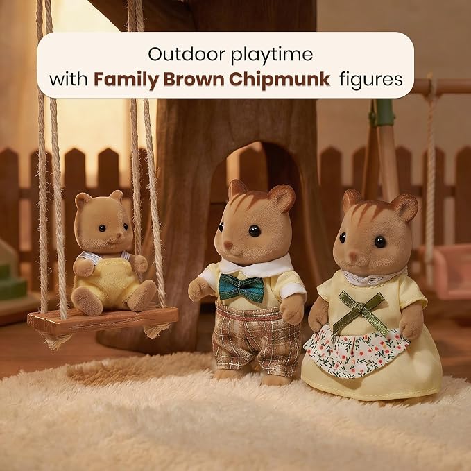 Family Brown Chipmunk Figures — Set of 3 Collectible Flocked Mini Dolls with Removable Clothes, Dollhouse Pretend Play Set for Kids Ages 3+