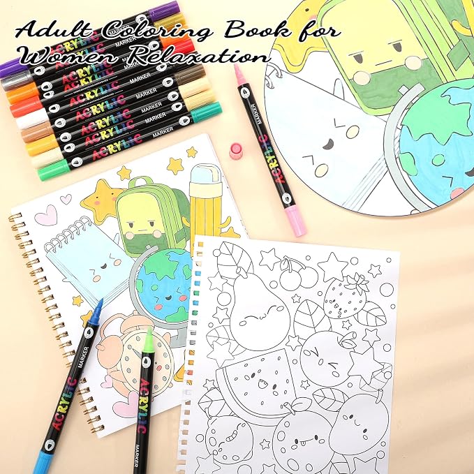 Prudiut Coloring Book Set with 24-Color Acrylic Markers & Stickers, Ages 14+ Travel Sketch Book, 60 Pages 150gsm Thick Paper (7x8.3in) Spiral Bound Art Supplies