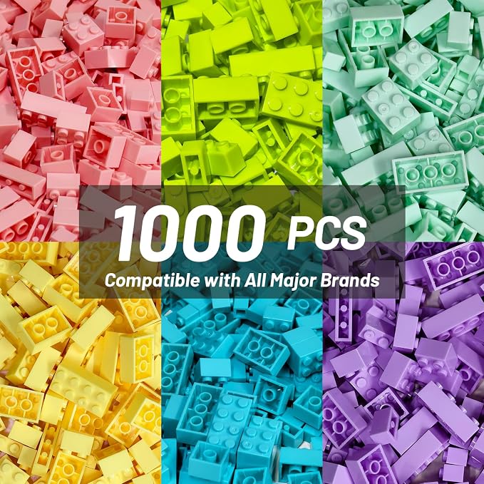 Pairez Toys 1000 Piece Blocks for Building, Bulk 2x4 Basic Bricks Building Set, Compatible with All Major Brands, Creative STEM Building Toys for Kids Ages 4+ (Pink Purple Blue Yellow Green)