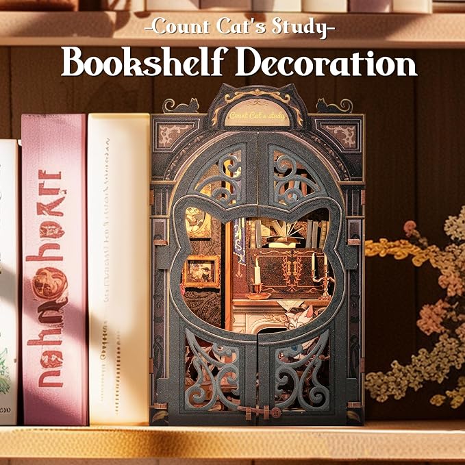 Cutefun Book Nook Kit - DIY Miniature Dollhouse Kit for Adults, Teens and Beginners, Tiny House Bookshelf Decor 3D Wooden Puzzles, Best Birthday and Valentine's Day Gifts (Count Cat's Study)