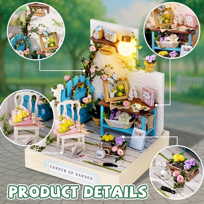 Kisoy Dollhouse Miniature with Furniture Kit, DIY 3D Wooden DIY House Kit with Dust Cover,Handmade Tiny House Toys for Teens Adults Gift(Corner of Garden)