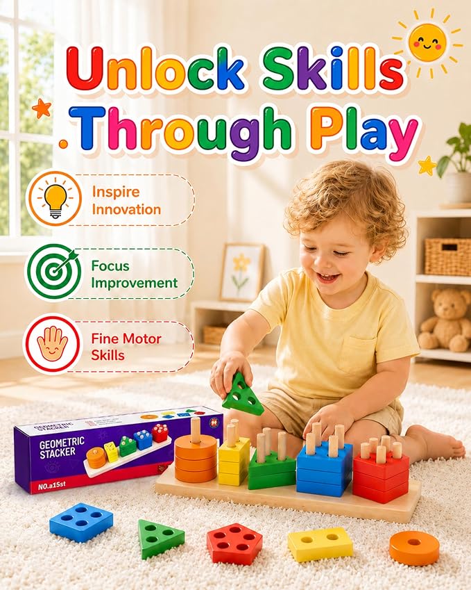 PEBIRA Montessori Toys for 1 to 3-Year-Old Boys Girls Toddlers, Wooden Sorting & Stacking Toys for Toddlers and Kids Preschool, Educational Color Recognition Shape Sorter, Learning Puzzles Gift