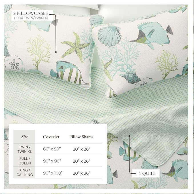 Great Bay Home Coastal Quilt Set - 2-Piece Twin/Twin XL Size Nautical Bedding Set - Lightweight, All-Season, Reversible Bedspread (Fish & Coral)