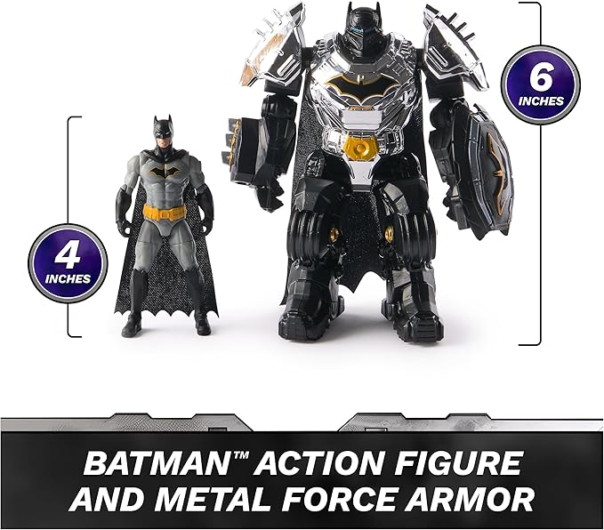 DC Comics, Metal Force Batman Action Figure, 6-Inch with 4-Inch Mini Figure, Built-in Blaster and Armor Suit, Super Hero Kids Toys for Boys and Girls Ages 4 and Up