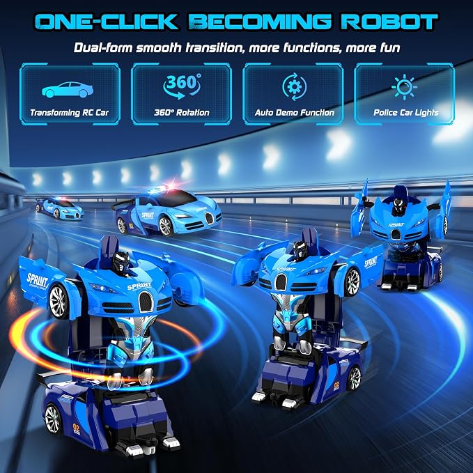 Remote Control Car, One-Click Becoming Robot Transforming Toys Car for Boys, Smooth Deformation, Demo Mode, 360° Rotation, Easy to Use, 2.4GHZ, with LED Lights, RC Cars for Christmas, Kids