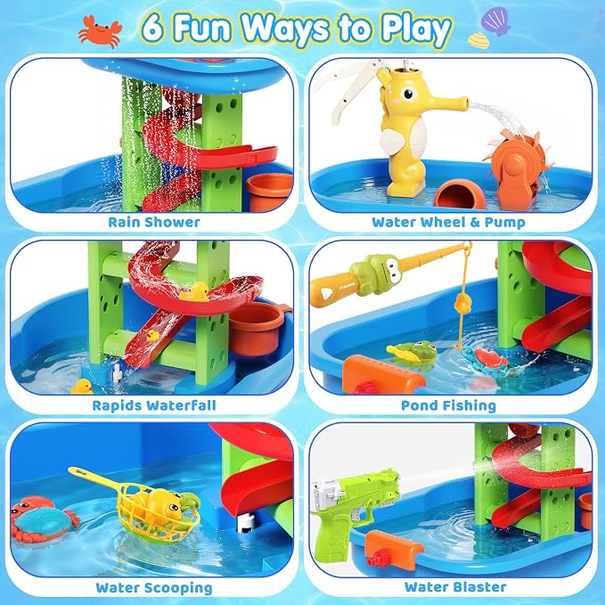 Toddler Water Table - Sensory Table for Kids with 28 Piece Sand Water Toy Set, Outdoor Water Play Table with Rain Shower Sprinkler, Summer Birthday Gift STEM Toy for Boys Girls Ages 3 4 5 6 7 8