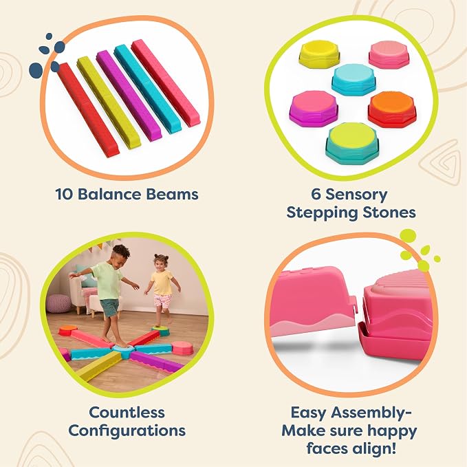 B. toys – Balance Beam for Kids – Interlocking Balancing Beams – 6 Sensory Pads & 10 Beams – Active Play for Toddlers, Kids – 3+ Years – Balance & Build Set - Rainbow Color