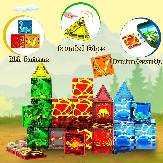 SKTMYY Mini Magnetic Tiles,Dinosaur Themed Travel Magnetic Tiles Set with Iron Box for Kids Ages 3+,Car Airplane Travel Essential,Educational Preschool Toys,Birthday Gifts