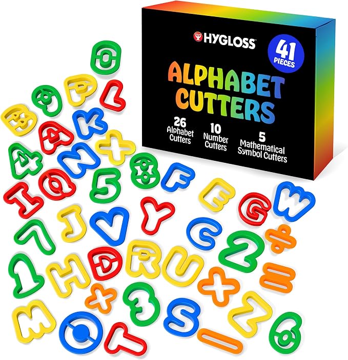 Hygloss 41-Piece Alphabet Cutters Set – ABC Letter and Number Mold Kit with Bright Colors – Educational Clay and Dough Tools & Accessories for Learning – Arts & Crafts for Kids Ages 3-6