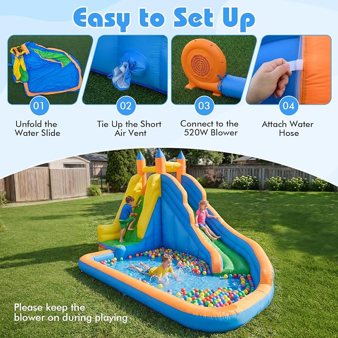 Costzon Inflatable Water Slide, Giant Bouncy Waterslide Park for Kids Backyard Outdoor Fun w/ 520w Blower, Climbing, Splash Pool, 2-pcs, Blow up Water Slides Inflatables for Kids Party Gift