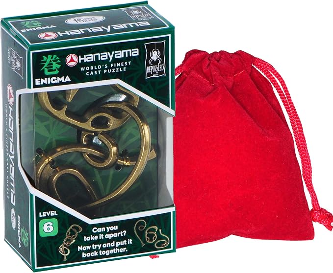 Enigma Hanayama Cast Metal Brain Teaser Puzzle, Level 6 Difficulty Rating, Red Velveteen Drawstring Pouch, Bundled Items