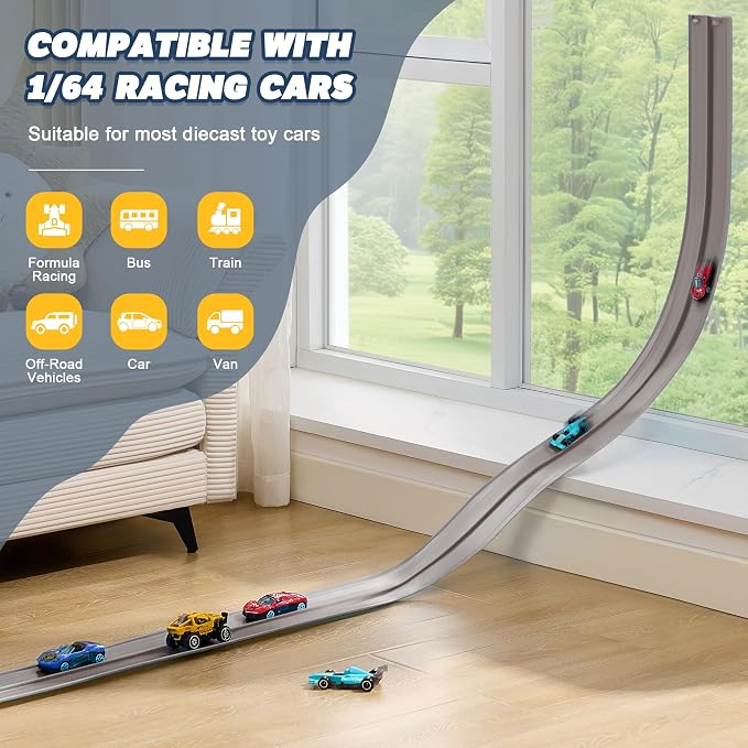 Flexible Race Track for Kids - 15 Ft Flex Track Race Car Tracks with Car Ramp Toy, Fit for Monster Truck Track & Kids' Play Cars, Race Tracks for Toddlers 3+, Gifts for Boys Girls (Gray)