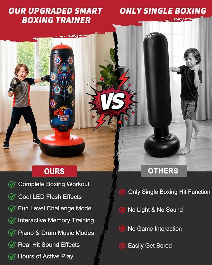 Smart Electronic Punching Bag for Kids,Boxing Set with Scoring,Lights,Music,4 Game Modes-Challenge,Memory,Inflatable Boxing Bag with Gloves,Interactive Gifts Toys for 4-12 Years Old Boys Girls