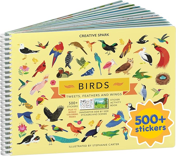 Cupkin Bird Sticker Book Activity for Kids, Toddler Airplane Travel Essentials, 500+ Parrot Stickers + 12 Scenes + 12 Coloring Book Pages, Bird Lover Kids Gift, Kid Crafts for Ages 2–8 Years