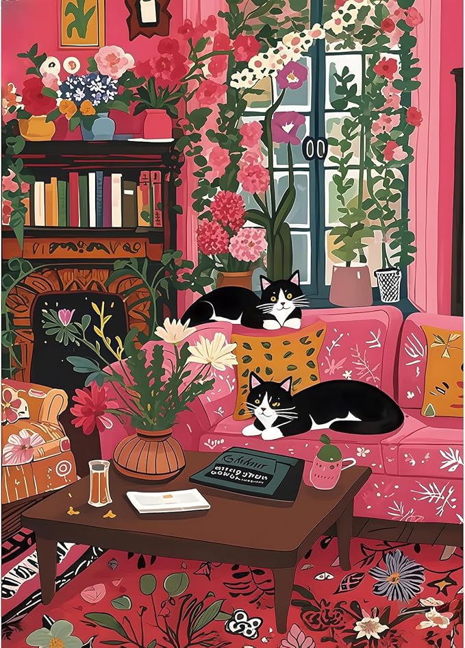1000 Piece Puzzle for Adults, Spring Cozy Room & Cat Puzzles for Adults 1000 Pieces with HD Print & Poster, 27.5 * 19.7 in Dust Free, for Gifts Halloween Christmas Family Games Lovers
