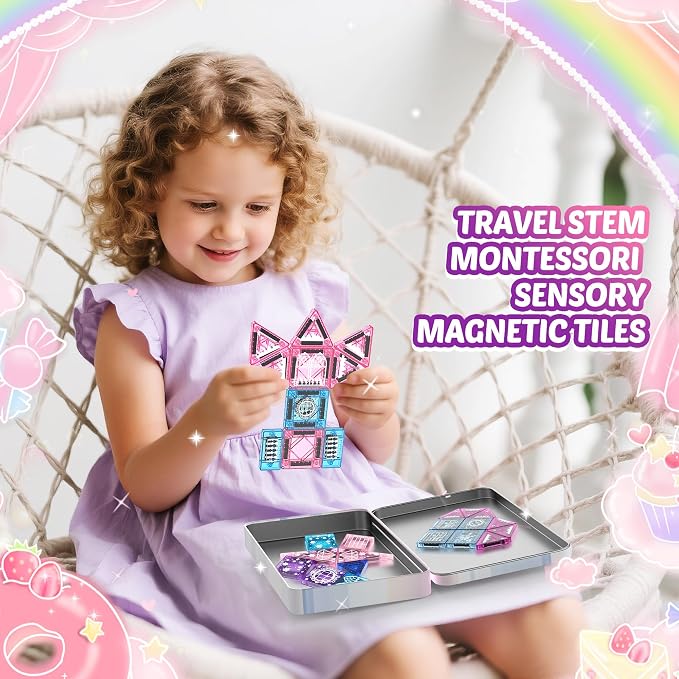 Magnetic Tiles Princess Toys, Princess Castle Travel Magnetic Blocks with Metal Box & 2 Dolls, Mini Magnet Tiles for Girls Pretend Play, Magnet STEM Sensory Gifts for Toddlers 3-5 4-8 8-12 Years Old