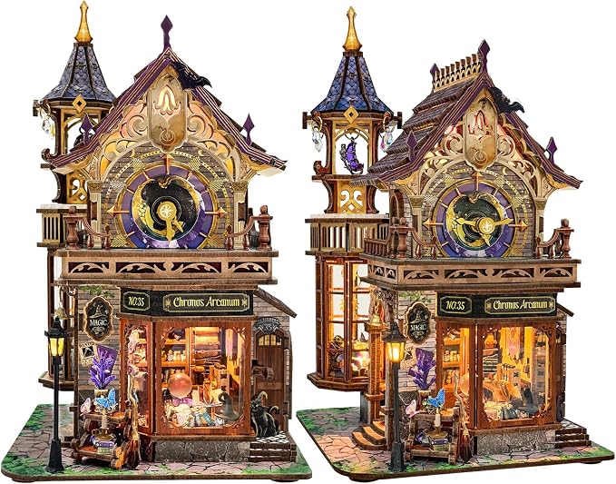 SUNNINO Miniature Dollhouse Kit, 3D Wooden Puzzles for Adults Mini House Building Kit with LED Lights Christmas Birthday Gifts Book Nook Kits Bookshelf Decor for Adults and Teens, Time Magic Club