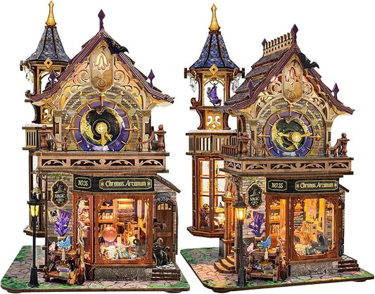 SUNNINO Miniature Dollhouse Kit, 3D Wooden Puzzles for Adults Mini House Building Kit with LED Lights Christmas Birthday Gifts Book Nook Kits Bookshelf Decor for Adults and Teens, Time Magic Club