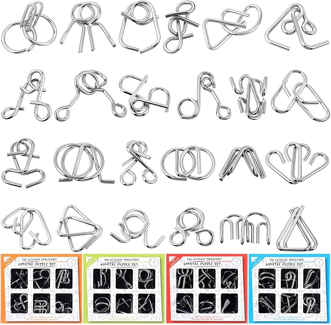 24 Packs Large Metal Bulk IQ Wire Metal with Paper Box Gift Package Educational Valentine Gifts Easter for Party Favor Adults Challenge Gifts(4 Colors,Standard Styles)