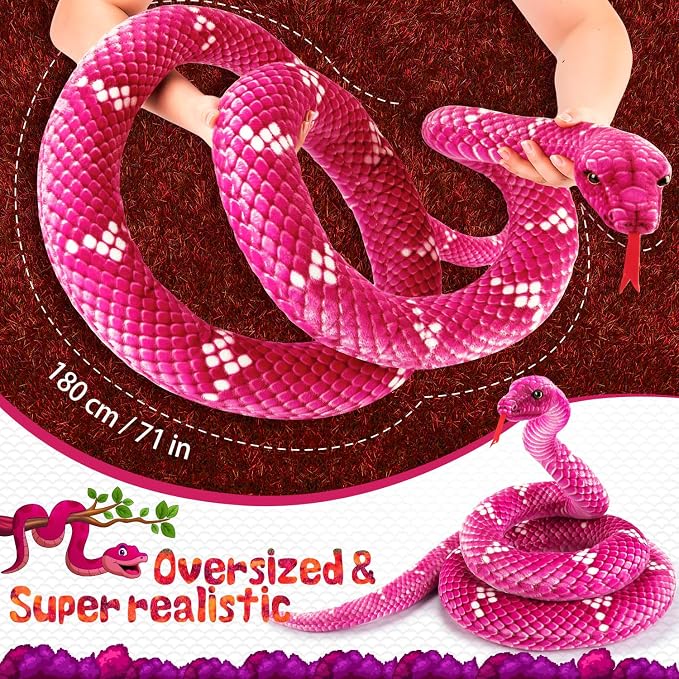Snake Plush, Stuffed Snake Animal, 71 in Large Toy Snakes for Kids, Lifelike Giant Stuffed Animals for Birthday Present Party Prank Prop (Pink)