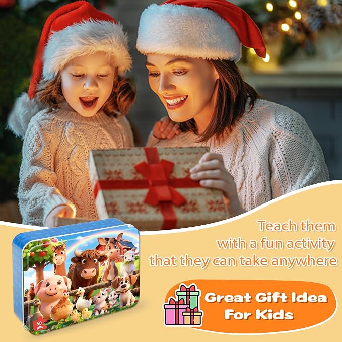 LELEMON Puzzles for Kids Ages 4-6,Farm 60 Piece Puzzles for Kids Ages 6-8 in a Metal Box,Children Jigsaw Puzzles Kids Puzzles,Educational Learning Puzzle Toys for Girls and Boys